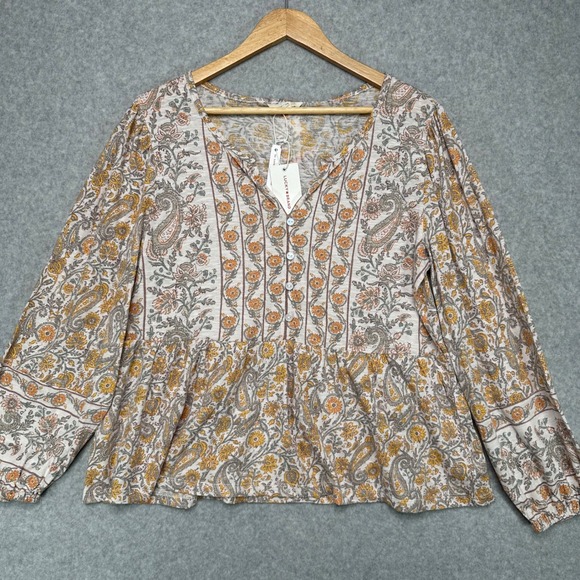 Lucky Brand Womens Peasant Blouse Size L Floral Print V Neck Long Sleeve Boho - Picture 1 of 10